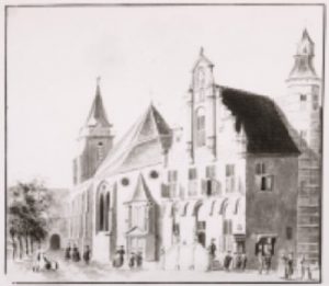 Tekening van Cornelis Pronk met de Petruskerk omstreeks 1730